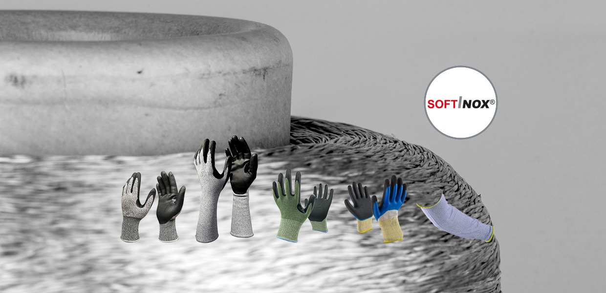 SOFTINOX-slide-1 NT Pro. Nos technologies : nous avons développé le fil HPPE associé à un fil inox. Cette technologie SOFTINOX® garantit confort, sécurité et haute résistance à la coupure, tout en rendant les gants tactiles.
